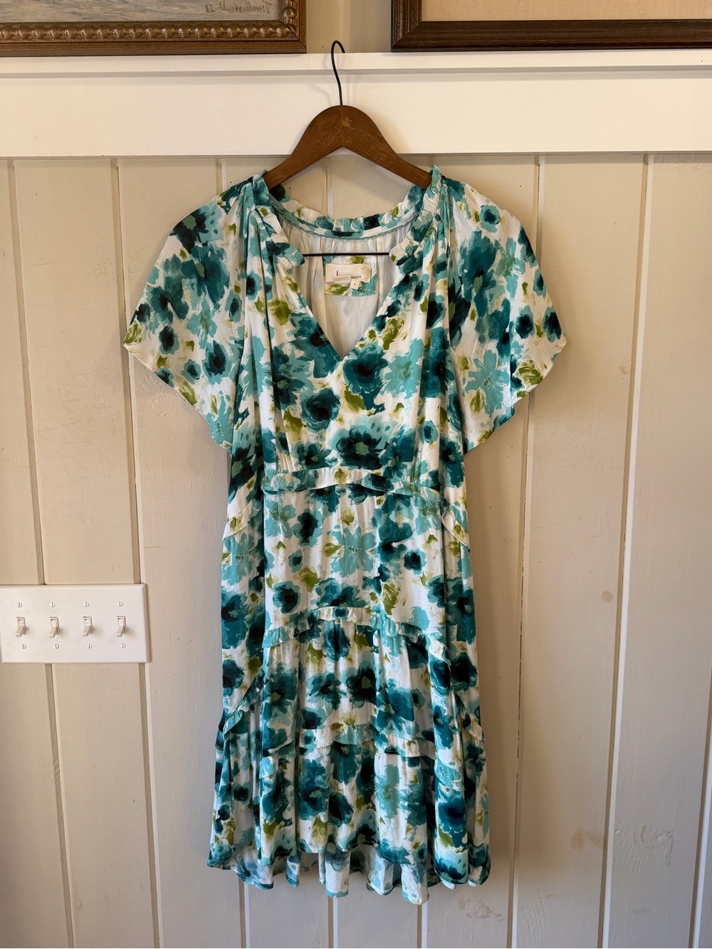 Anthropologie Teal Green & White Floral V-Neck Knee Length Dress, Size S, NWOT